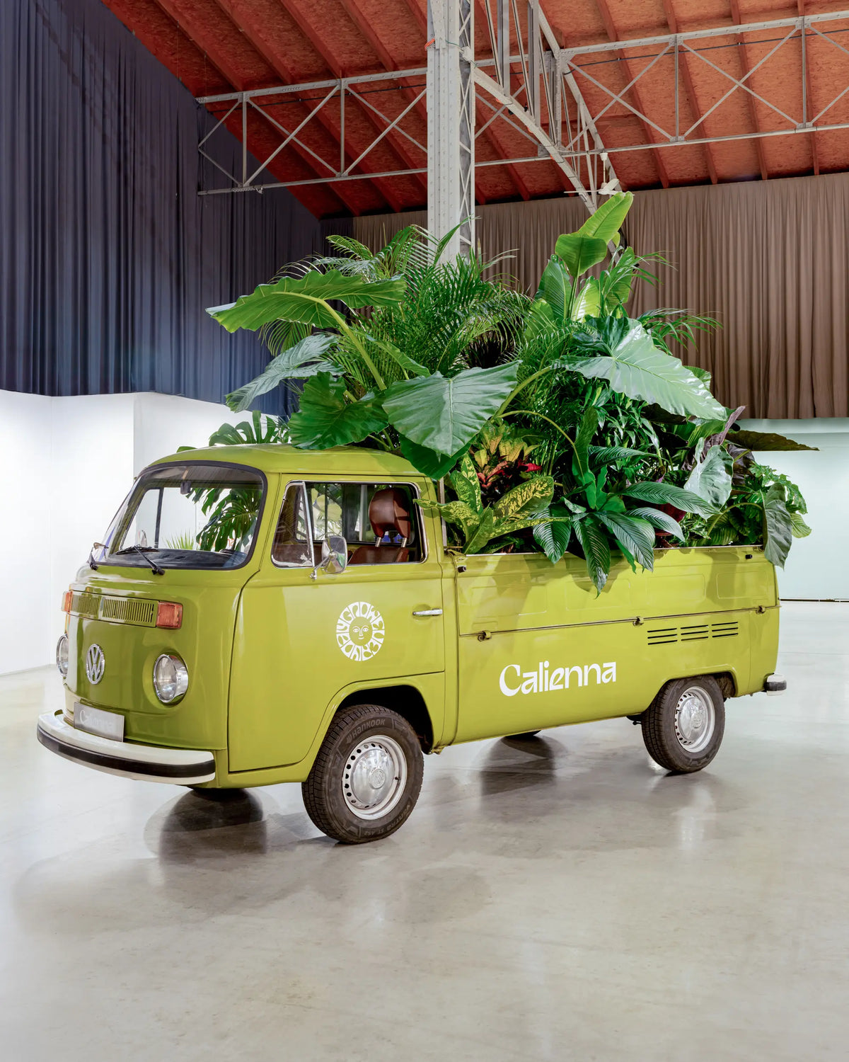Pflanzeninstallation von Calienna für die Affordable Art Fair Wien: tropische Blattpflanzen auf dem Ladebereich eines Calienna-Kleintransporters.